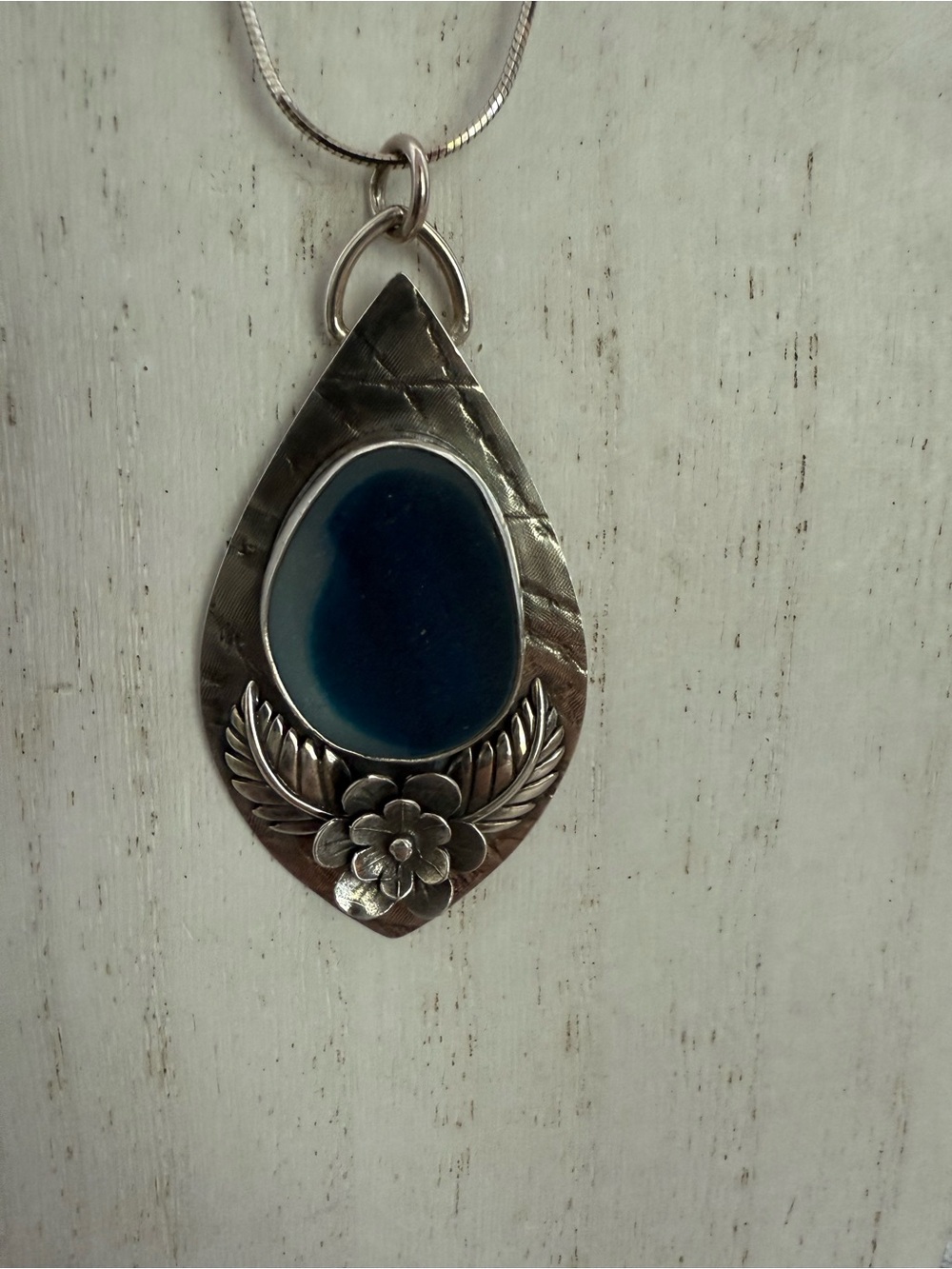 Blue Sea glass and Sterling Silver Teardrop Pendant Necklace.